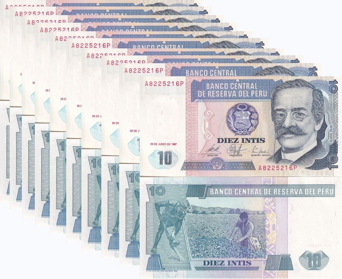 Peru 10 Intis 1987 P 129 UNC LOT 10 PCS , 1/10 Bundle ,Ricardo Palma