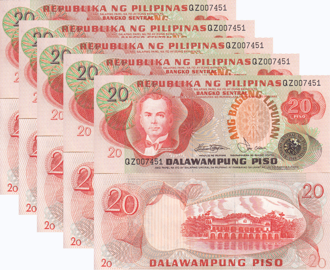 Philippines 20 Piso ND 1978 P 162 b AU-UNC LOT 5 PCS ,Manuel Quezon Malacanang
