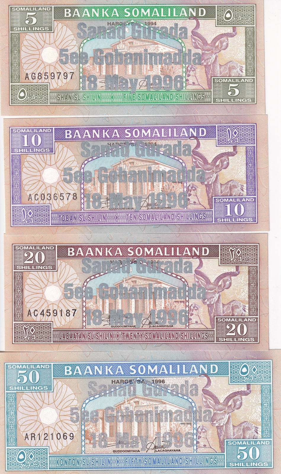Somaliland SET 4 UNC 5 - 20 50 Shillings 1996 Silver Commemorative P 14 15 16 17