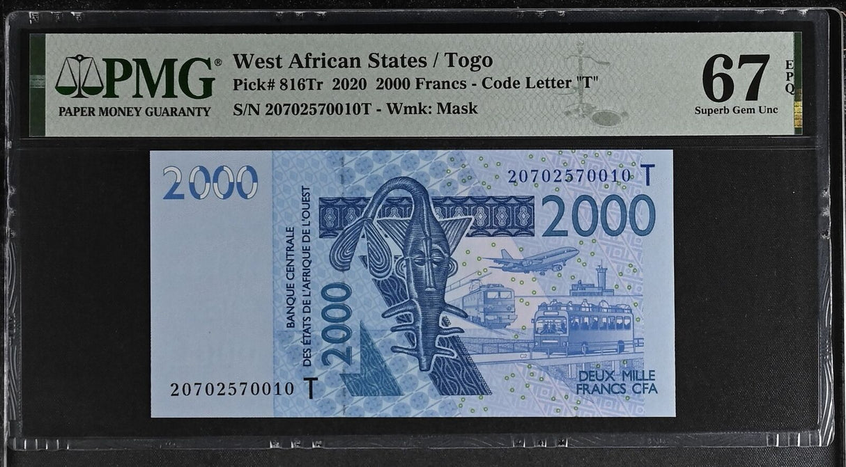 West African States Togo 2000 Francs 2020 P 816Tr Superb Gem UNC PMG 67 EPQ Top