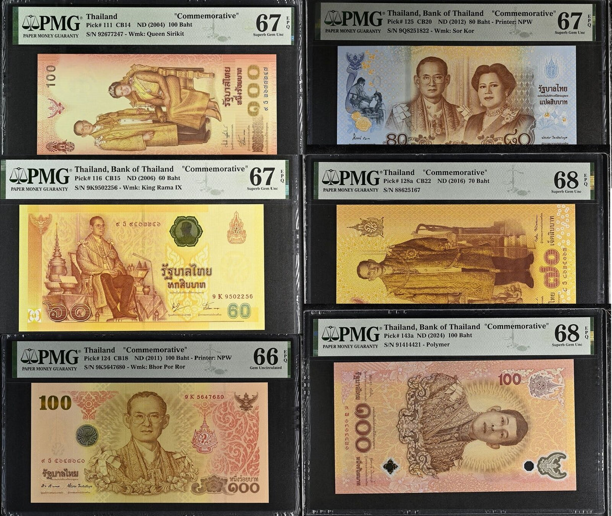 Thailand Set 6; 60 70 80 100 Baht P 111 116 124 125-143 GEM UNC PMG 66 67 68 EPQ