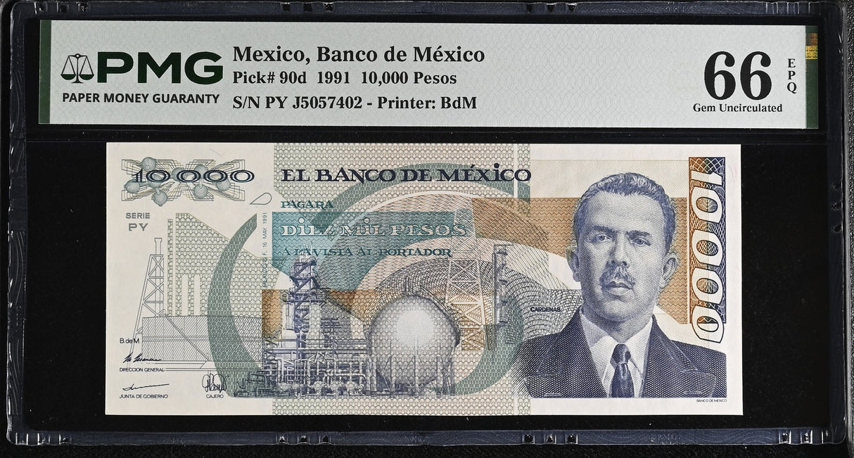 Mexico 10000 Pesos 1991 P 90 d Gem UNC PMG 66 EPQ
