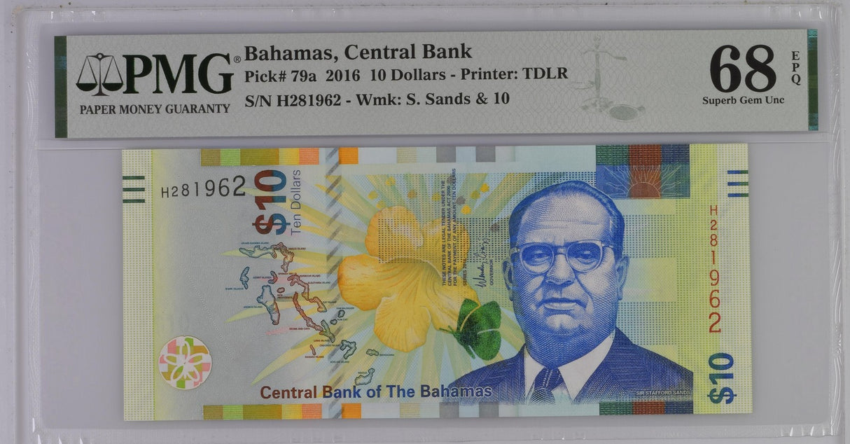 Bahamas 10 Dollars 2016 P 79 a Superb Gem UNC PMG 68 EPQ
