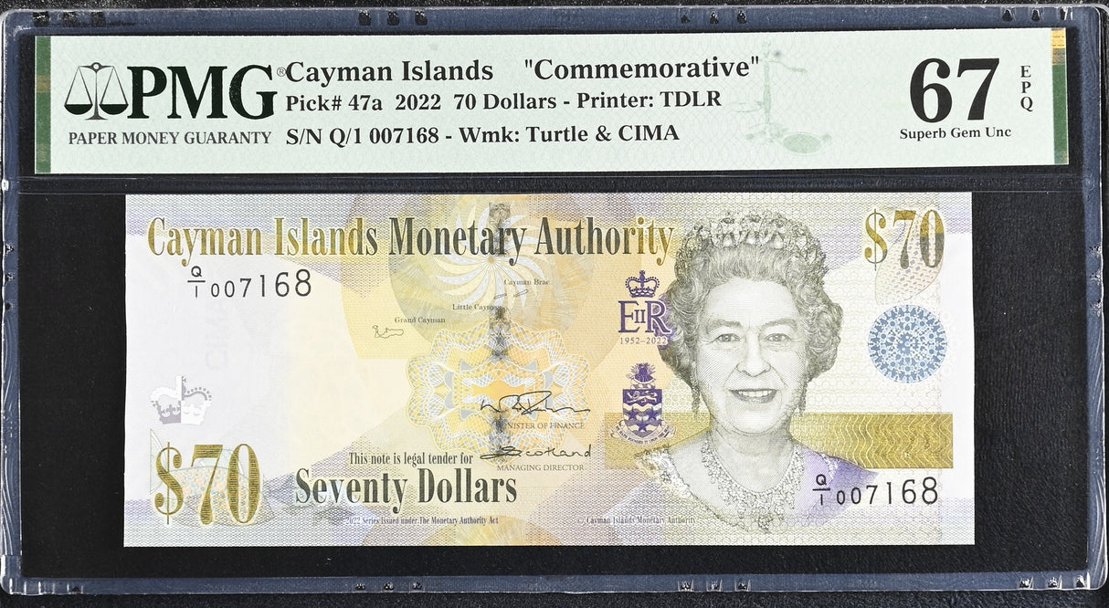 Cayman Islands 70 Dollar 2022 QEII Commemorative P 47 Superb Gem UNC PMG 67 EPQ