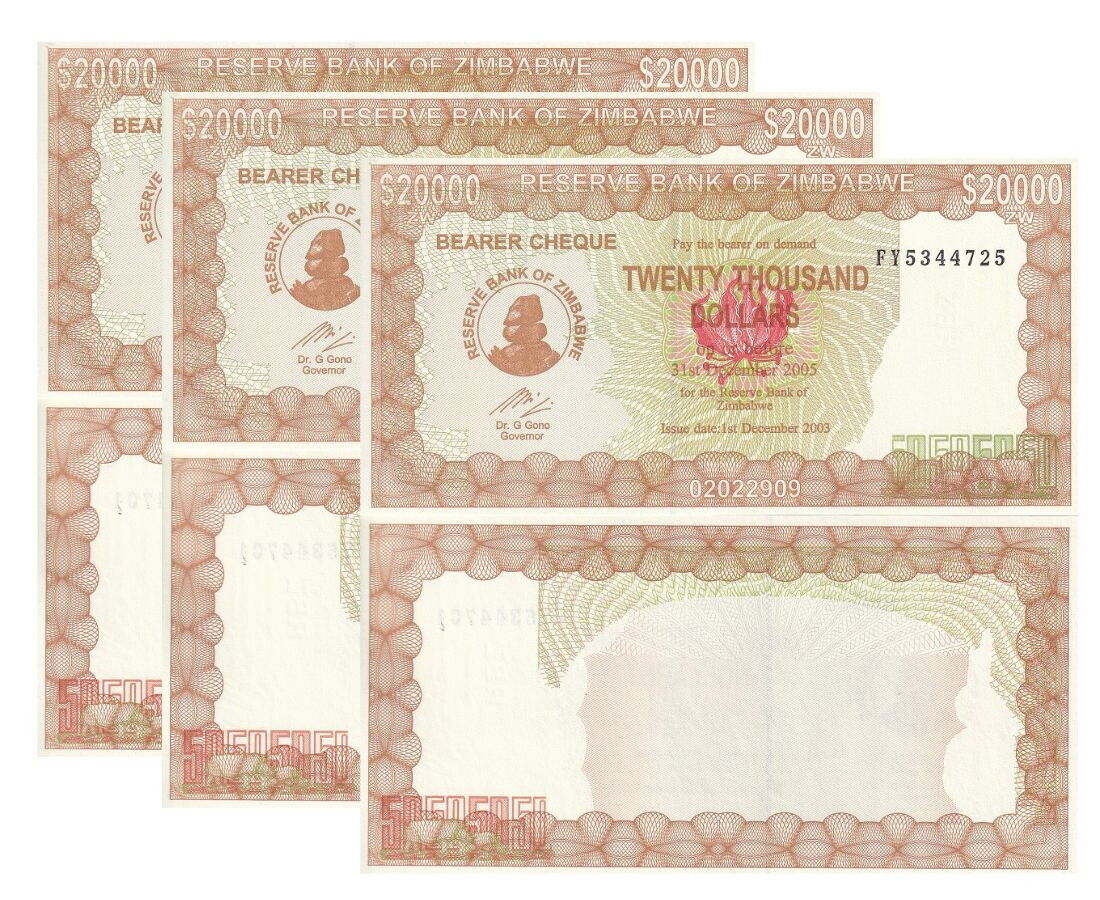 Zimbabwe 20000 Dollars 2003/2005 P 23 AUnc LOT 3 PCS