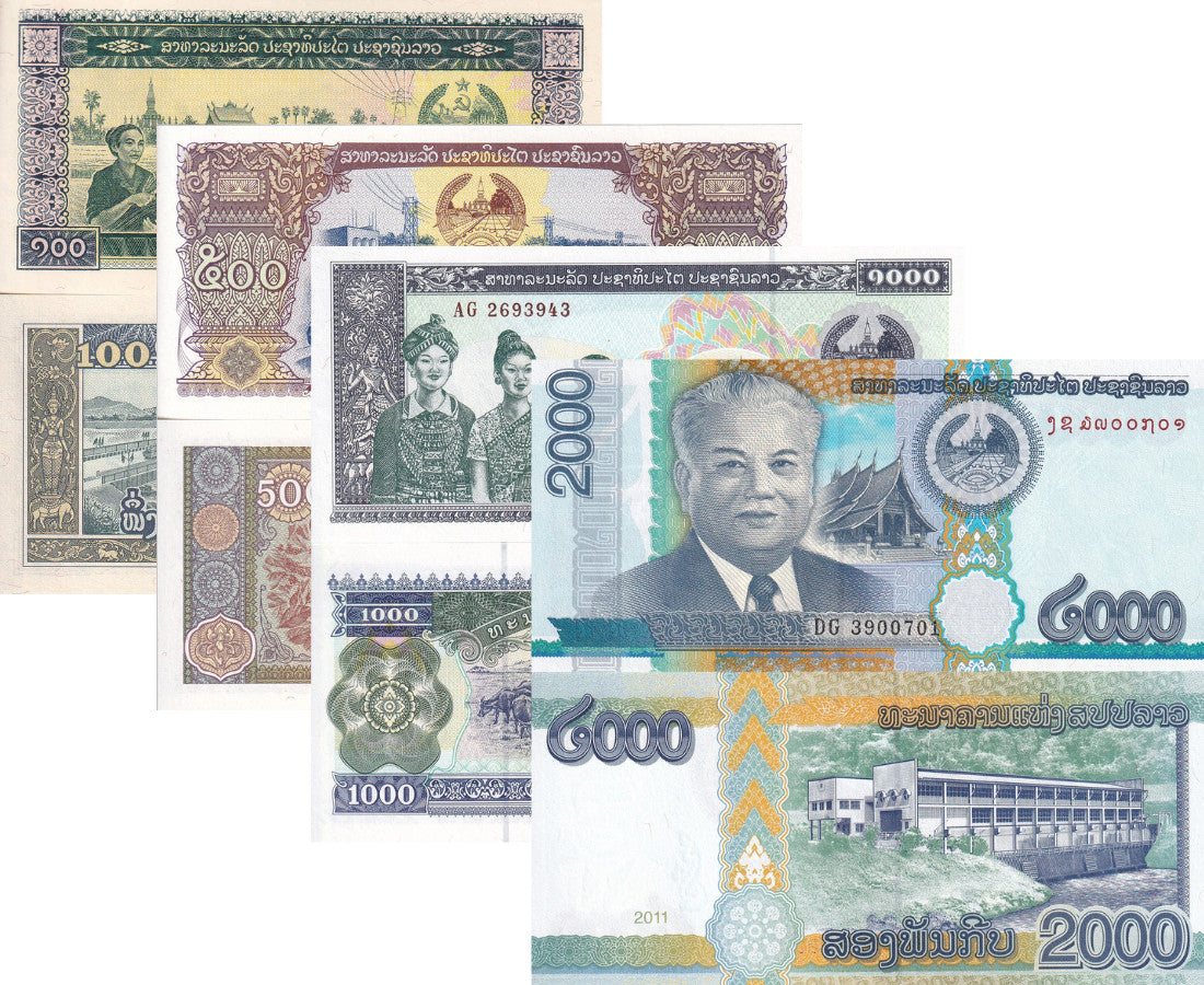 Laos Set 4 UNC 100 500 1000 2000 KIP Random Date P 30 31 32 41