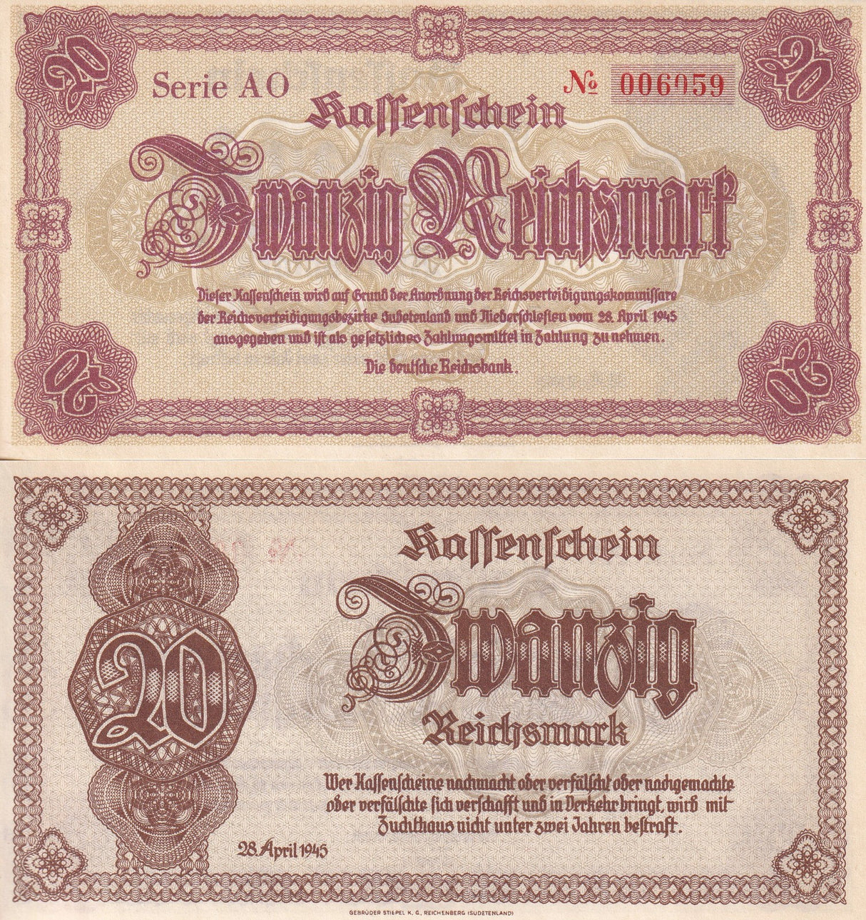 Germany 20 ReichsMark 1945 P 187 UNC