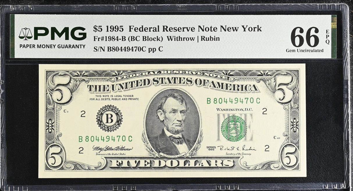 United States 5 Dollars Usa 1995 P 498 B New York Gem UNC PMG 66 EPQ