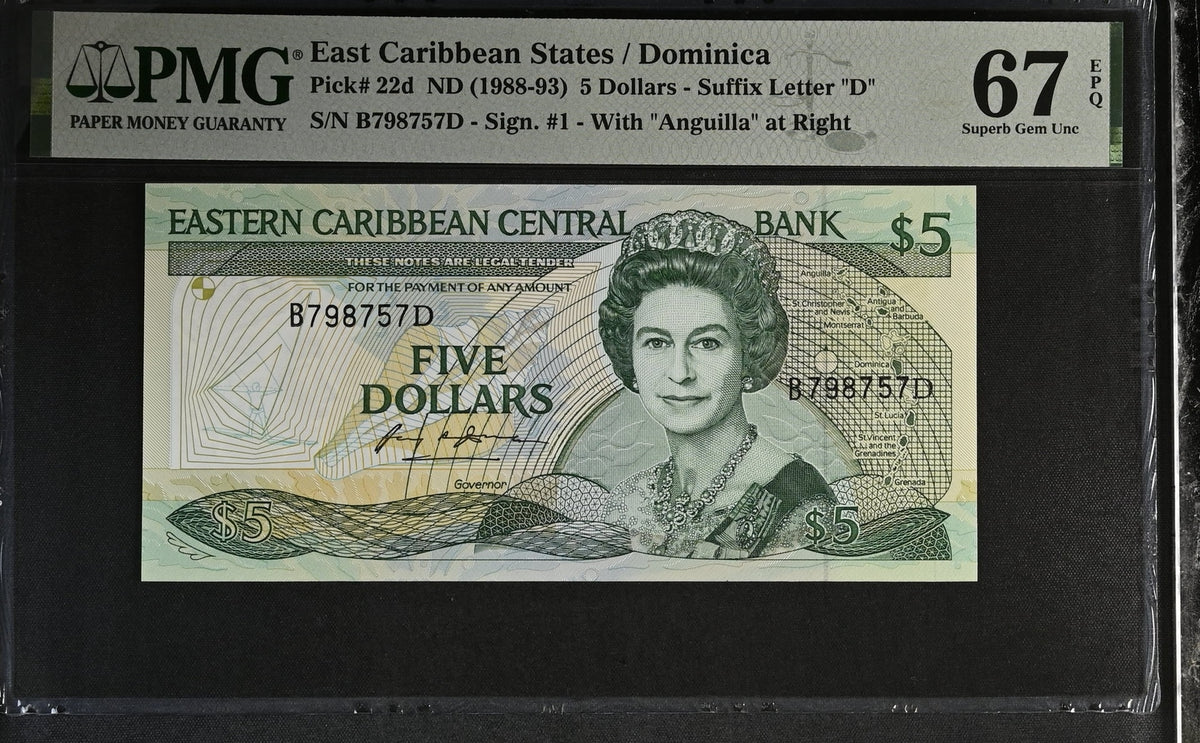 East Caribbean 5 Dollars ND 1988-1993 P 22 d Superb Gem UNC PMG 67 EPQ TOP POP