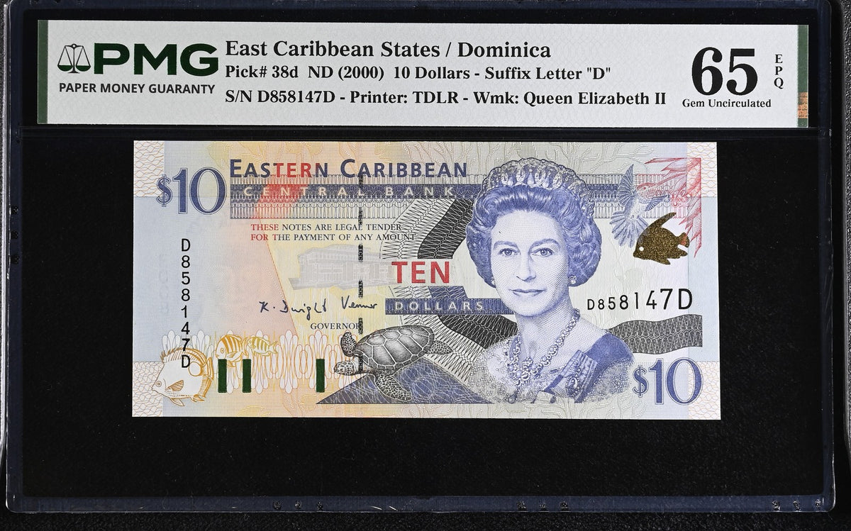 East Caribbean 10 Dollars ND 2000 P 38 d Gem UNC PMG 65 EPQ , Dominica ,QEII