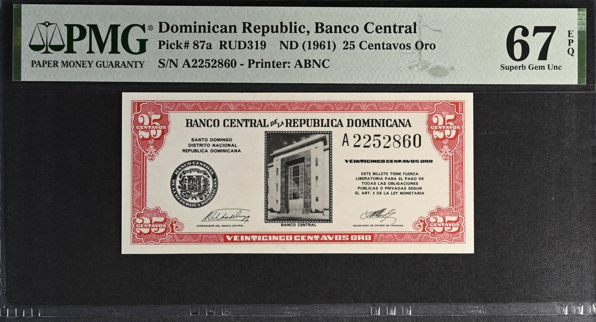 Dominican Republic 25 Centavos Oro ND 1961 P 87 a Superb Gem UNC PMG 67 EPQ