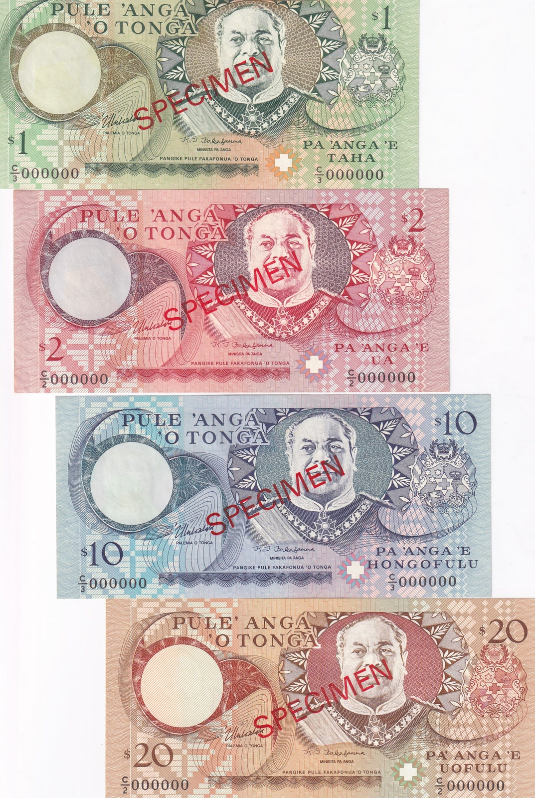 Tonga Set 4 UNC 1 2 10 20 Pa'anga ND 1995 P 31 32 34 35 SPECIMEN UNC