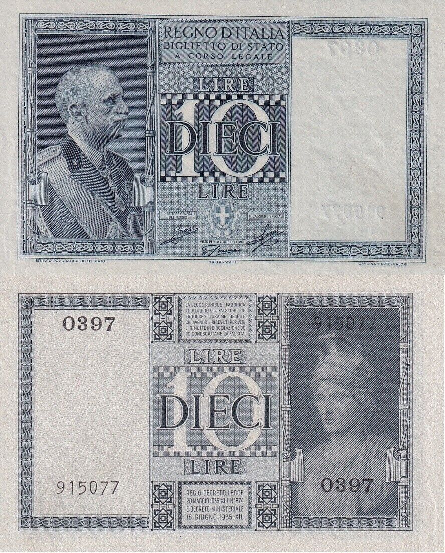 Italy 10 Lire 1939 P 25 c UNC