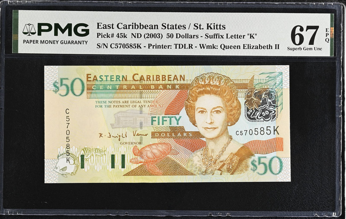 East Caribbean 50 Dollars ND 2003 P 45 k QE II Superb Gem UNC PMG 67 EPQ