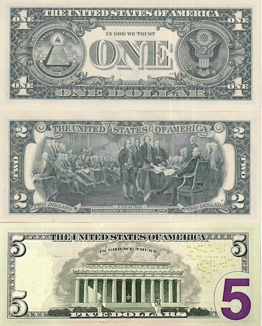 United States Set 3 Pcs 1 2 5 Dollars Random Date & Banks Logo UNC