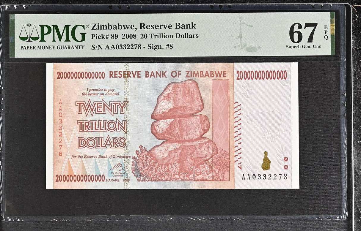 Zimbabwe 20 Trillion Dollars 2008 P 89 Superb GEM UNC PMG 67 EPQ