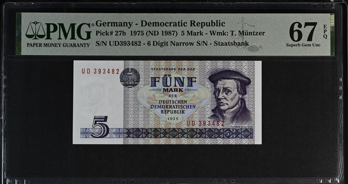 Germany Democratic 5 Mark 1975 ND 1987 P 27 b Superb Gem UNC PMG 67 EPQ