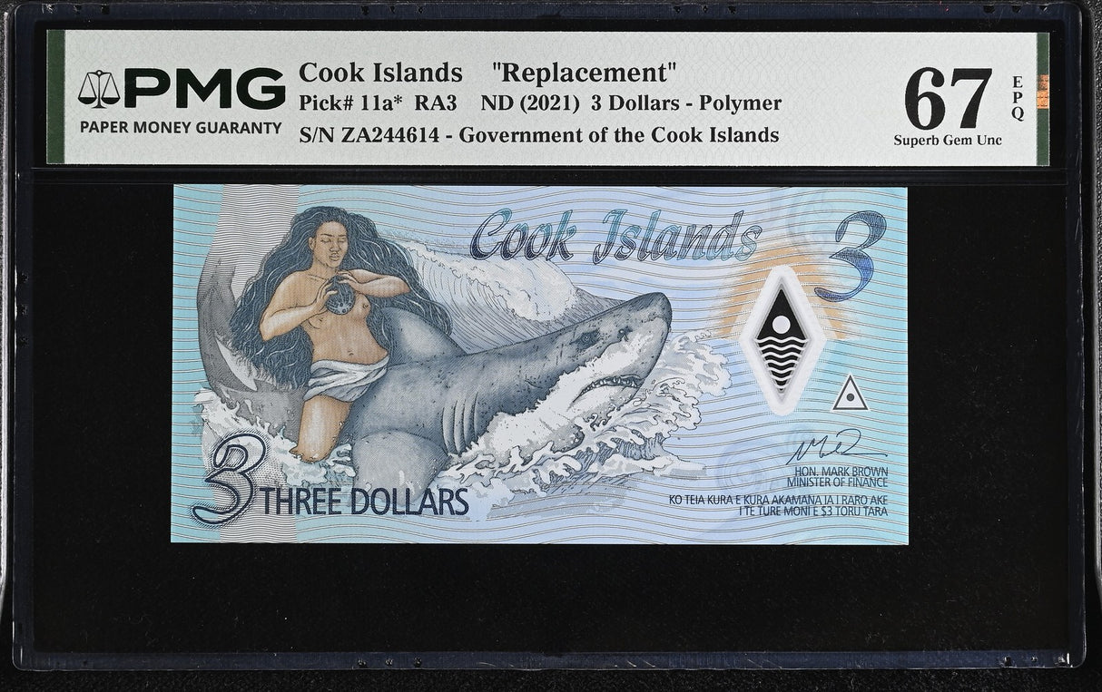 Cook Islands 3 Dollars ND 2021 P 11 a* ZA Replacement Superb Gem UNC PMG 67 EPQ