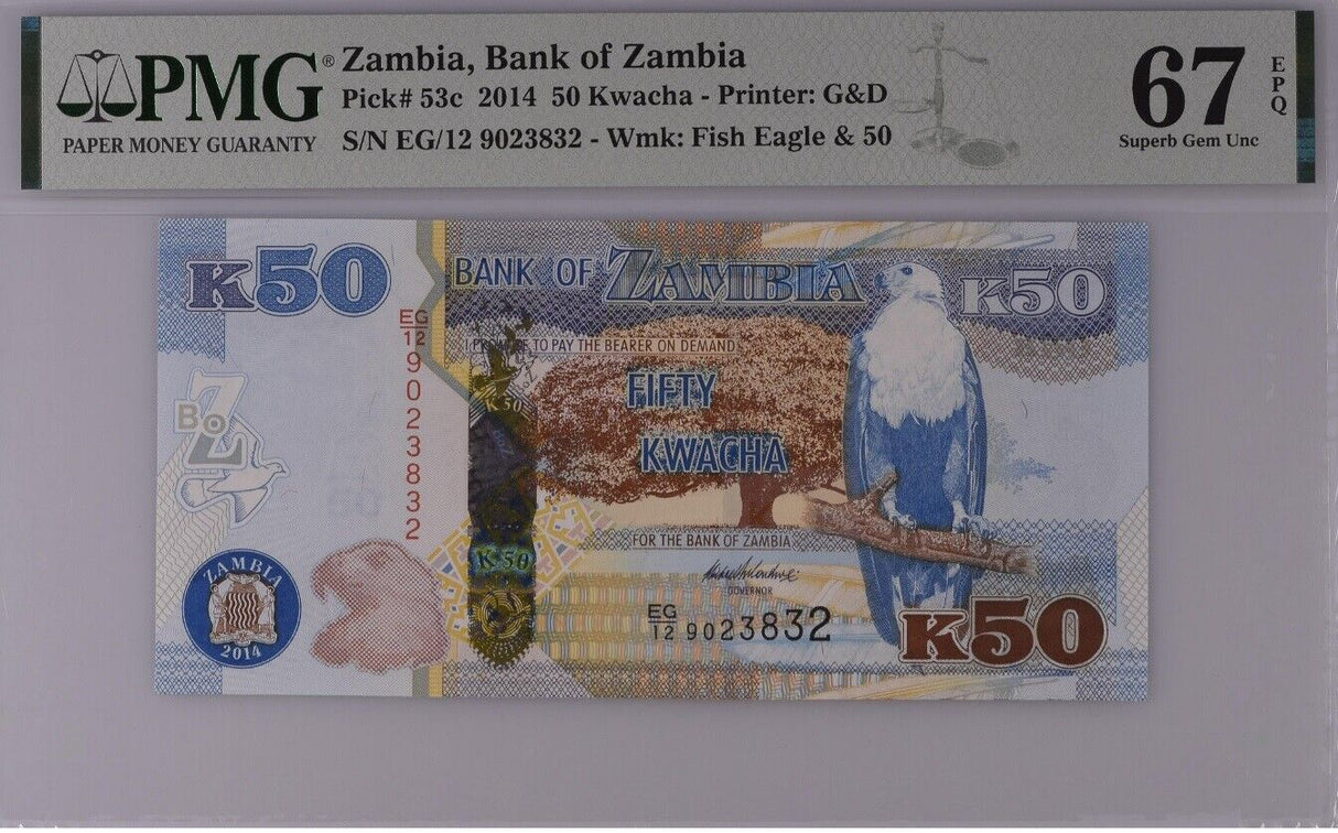 Zambia 50 Kwacha 2014 P 53 c Superb Gem UNC PMG 67 EPQ