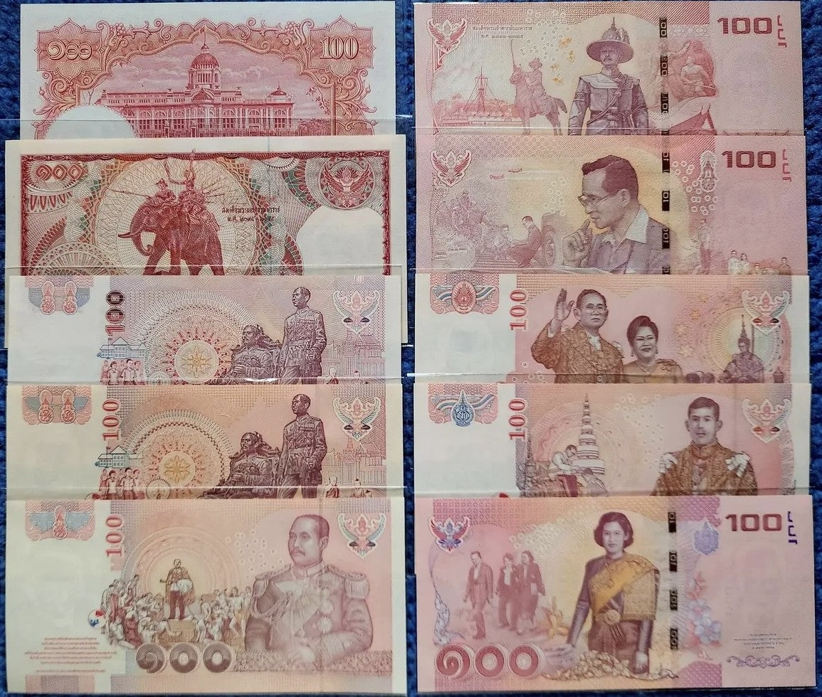 Thailand Set 10 UNC 100 Baht ND 1955-2016 P 78 89 97 -114-126-132