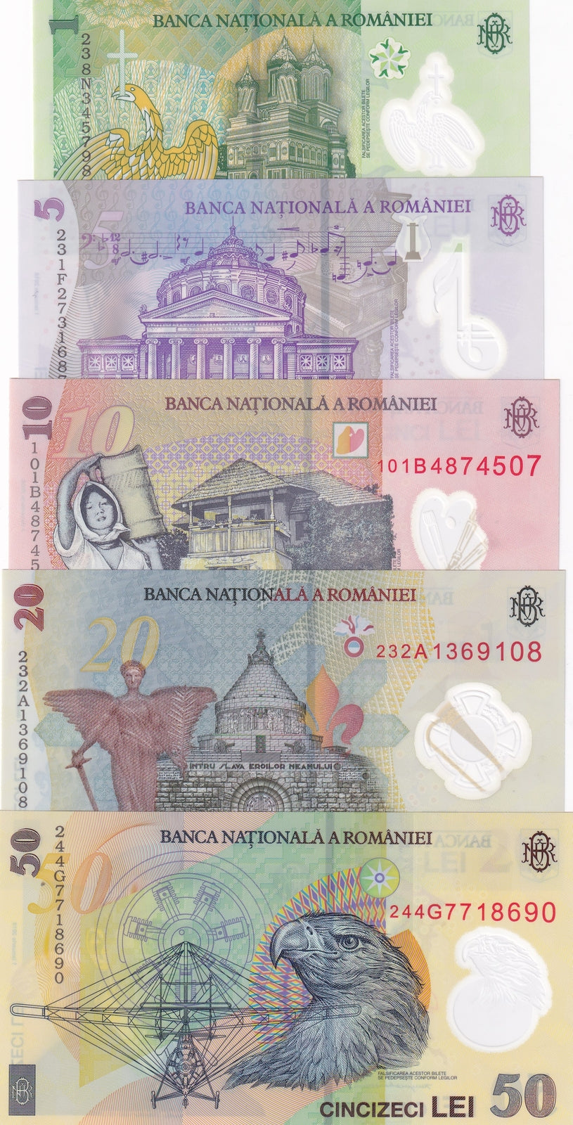 Romania Set 5 Unc 1 5 10 20 50 Lei Random Year P 117 118 119 119A 120 Polymer