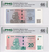 Zimbabwe Set 2; 10 20 ZIG 2024 P 110 P 111 Gem UNC PMG 66 EPQ