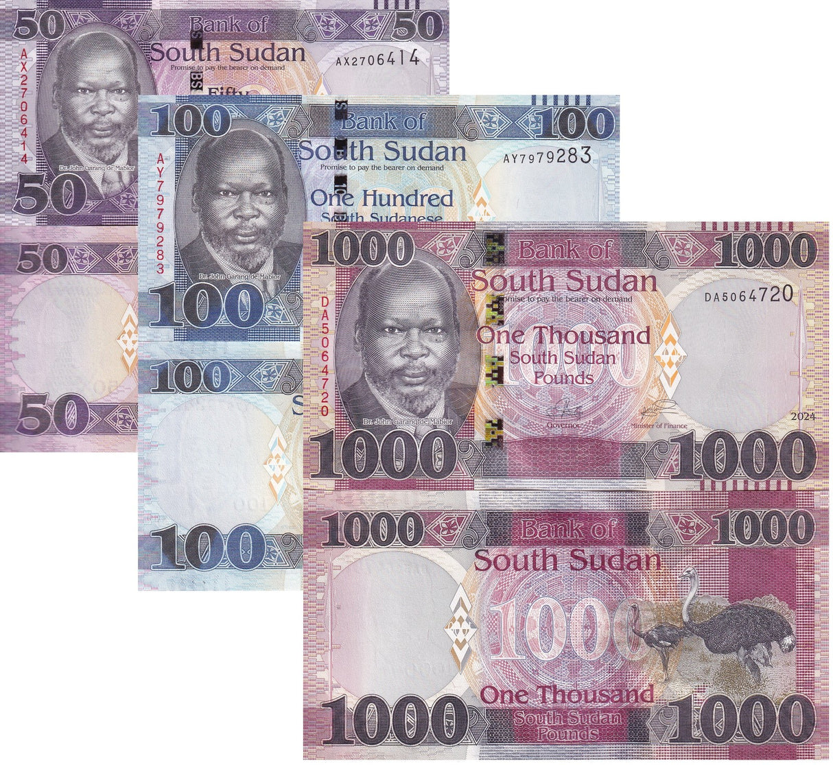South Sudan Set 3 UNC 50 100 1000 Pounds 2019 2024 P 14 15 21
