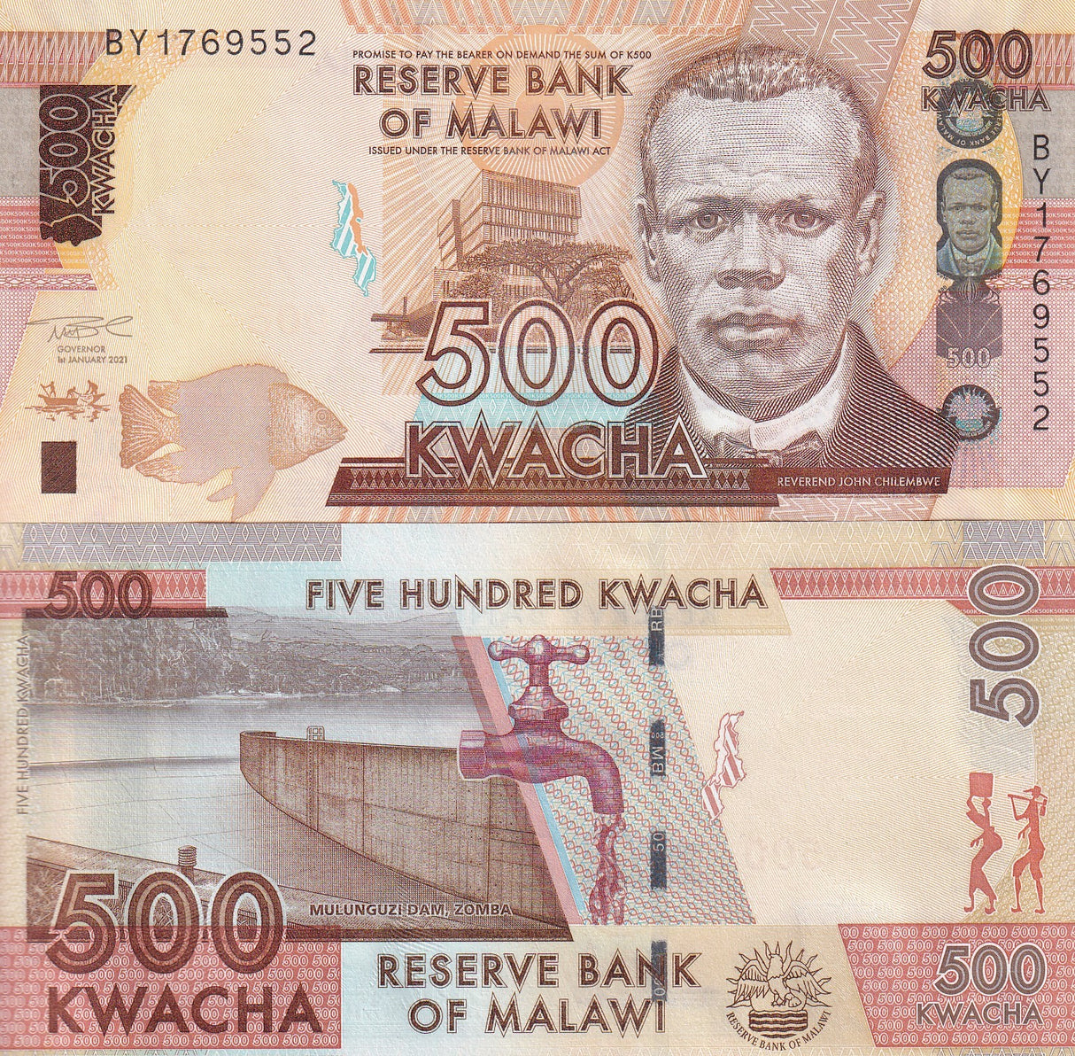 Malawi 500 Kwacha 2021 P 66 UNC ,Mulunguzi Dam (Zomba), faucet