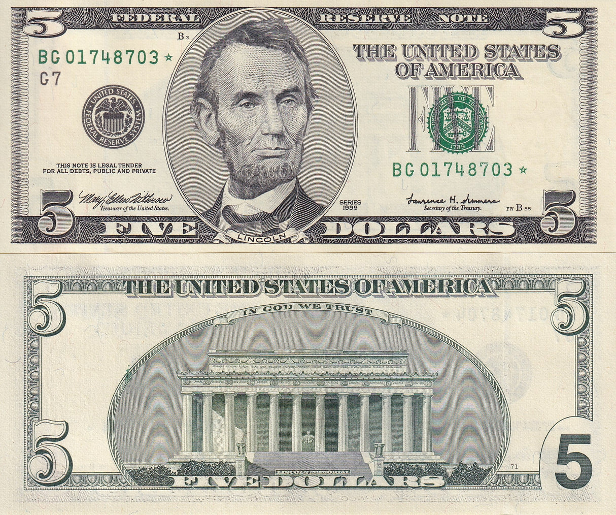 United States 5 Dollars USA 1999 P 505* Replacement Chicago IL"G" UNC