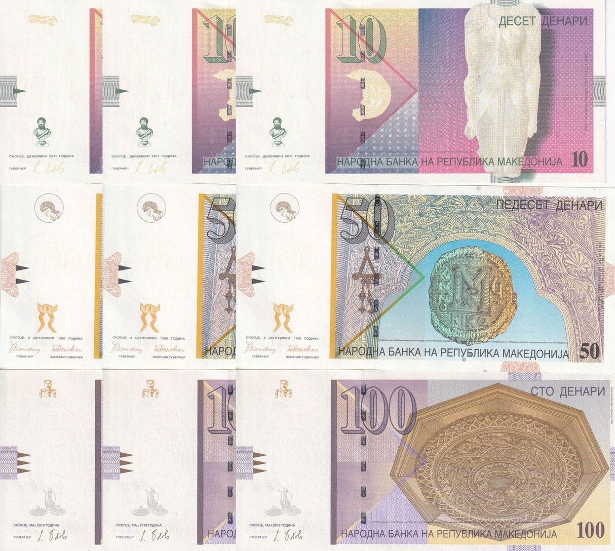 Macedonia Set 3 x Lot 3 = 9 UNC 10 50 100 Denari 2018 2022 P 27 28 29