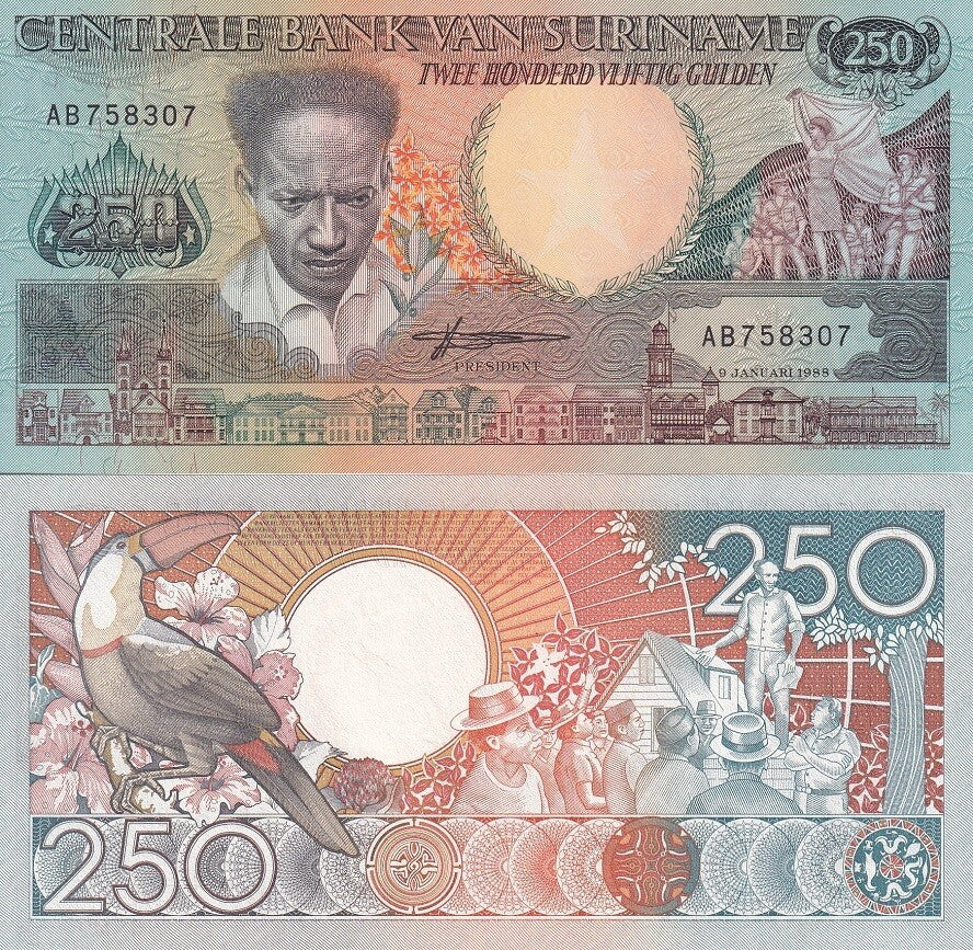 Suriname 250 Gulden 1988 P 134 UNC, Printer TDLR London , Toucan