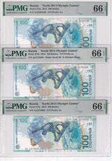 Russia Set 3; 100 Rubles 2014 P 274 AA aa Aa Prefix Sochi Gem UNC PMG 66 EPQ