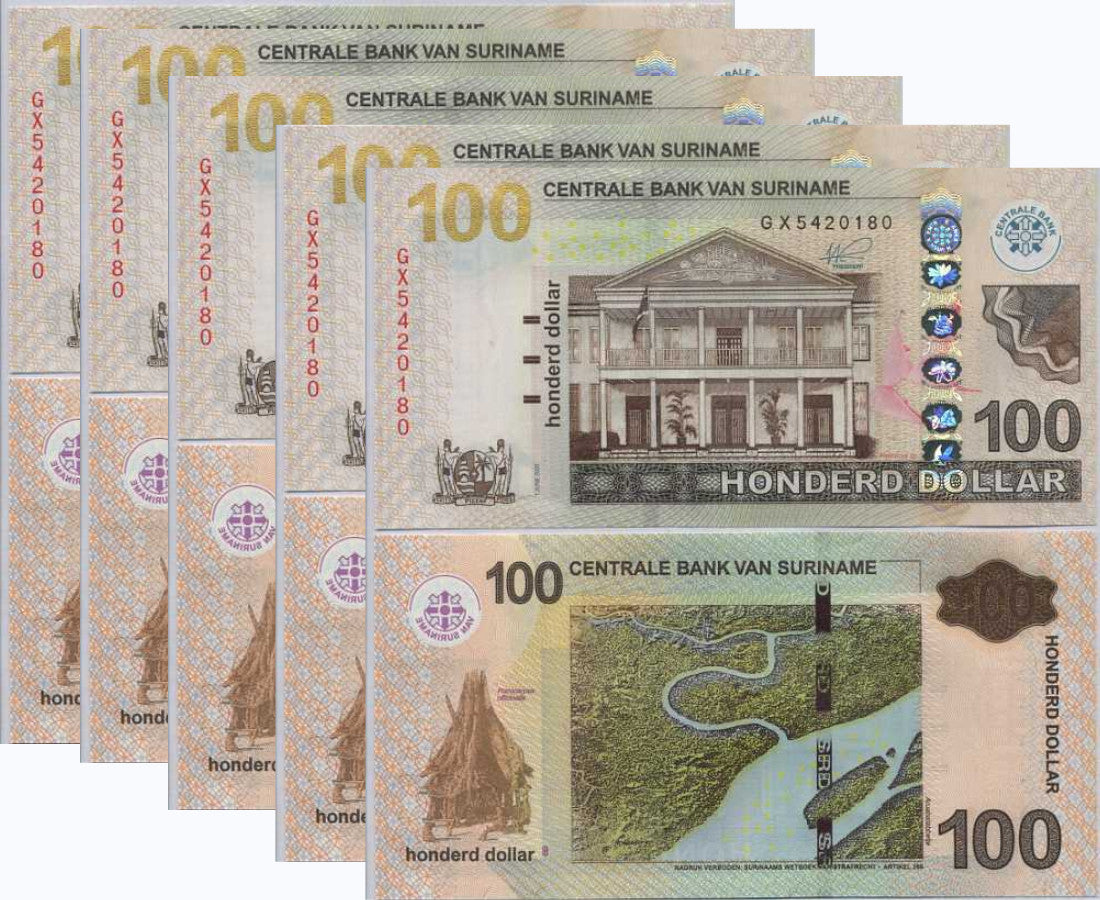 Suriname 100 Dollars 2020 P 166 UNC LOT 5 Pcs ,Bloodwood ,Marowijne