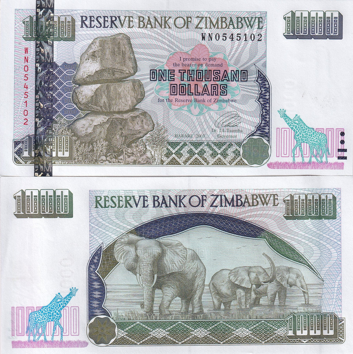 Zimbabwe 1000 Dollars 2003 P 12 b Small Digits UNC Elephants