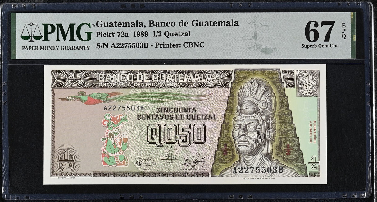 Guatemala 1/2 Half Quetzal 50 centavos 1989 P 72 a Superb Gem UNC PMG 67 EPQ