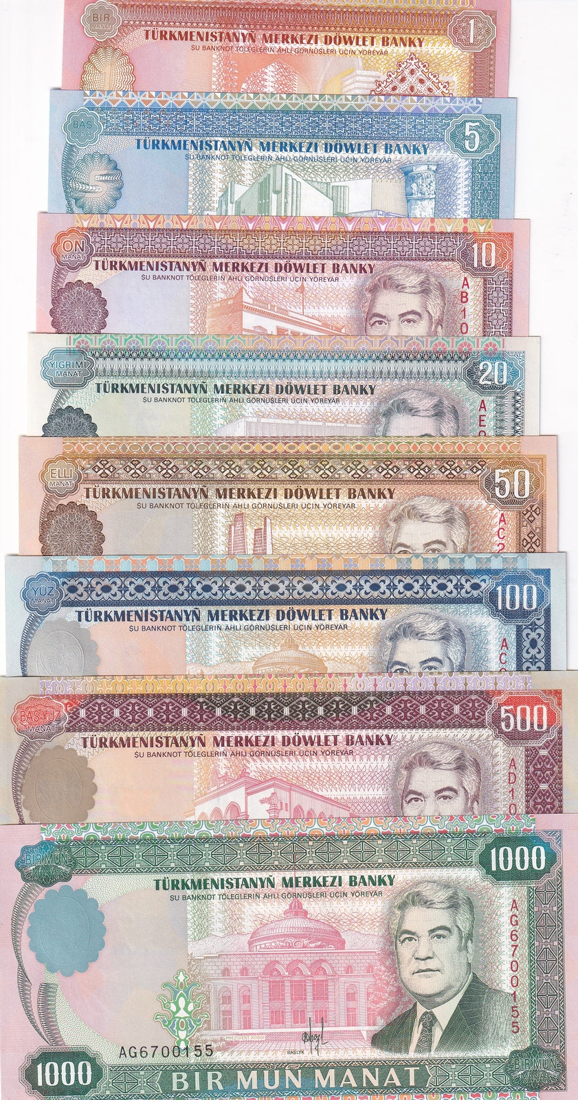 Turkmenistan Set 8 UNC 1 5 10 20 50 - 1000 Manat Random Year P 1 2 3 4 5 6 7 8