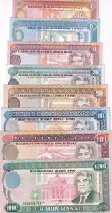 Turkmenistan Set 8 UNC 1 5 10 20 50 - 1000 Manat Random Year P 1 2 3 4 5 6 7 8