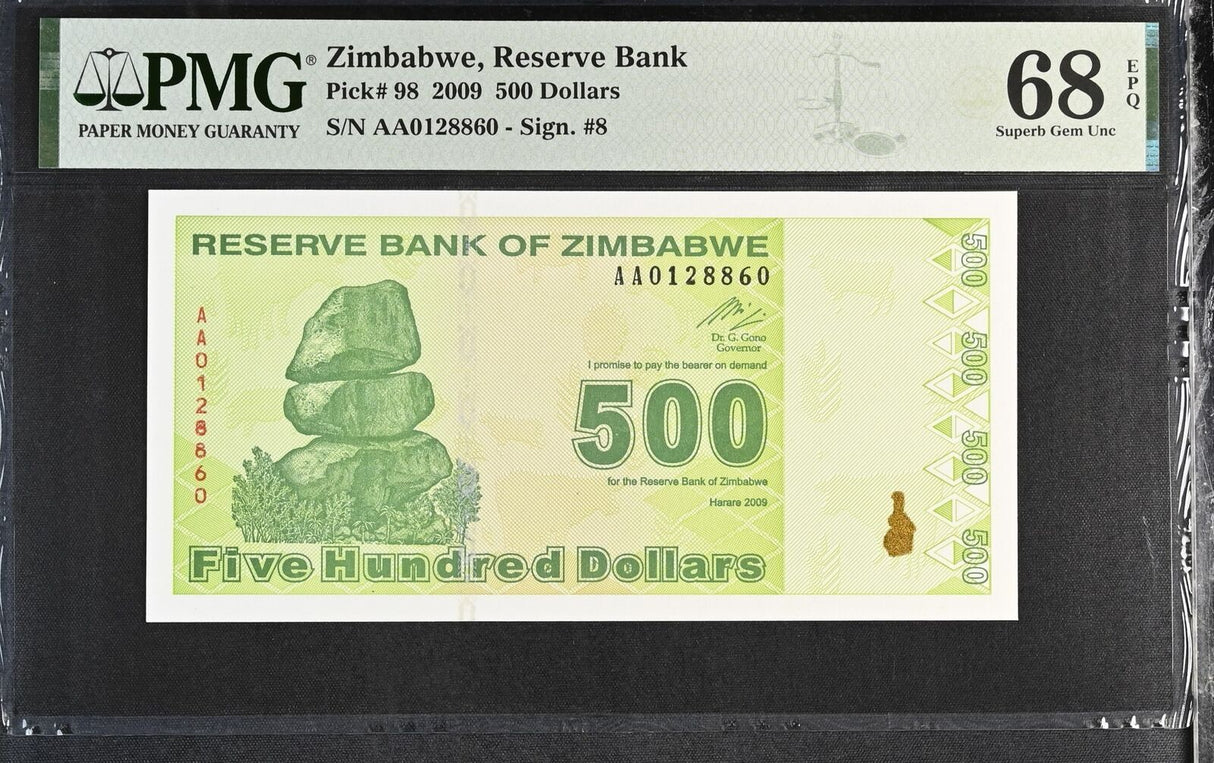 Zimbabwe 500 Dollars 2009 P 98 Superb Gem UNC PMG 68 EPQ TOP POP