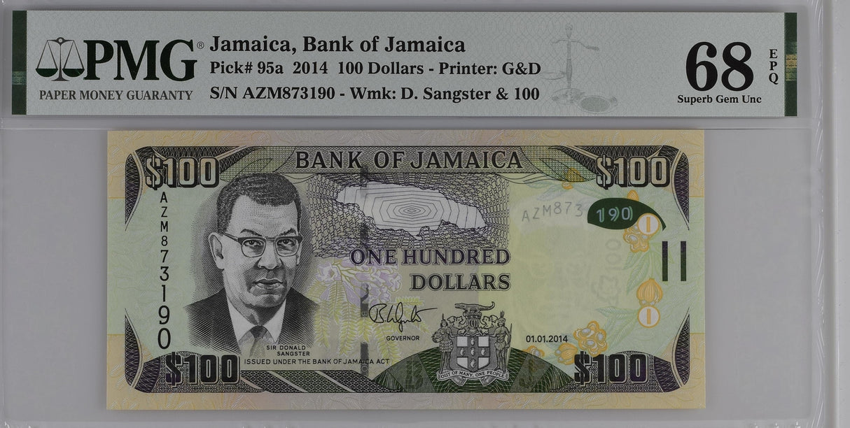 Jamaica 100 Dollars 2014 P 95 a Superb Gem UNC PMG 68 EPQ