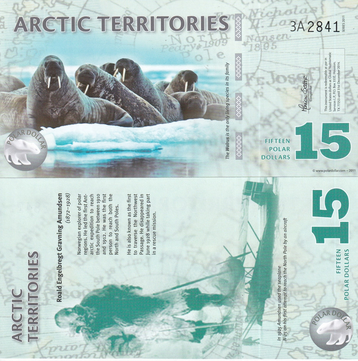 Arctic Territories 15 Dollars 2011 POLAR WALRUS POLYMER UNC