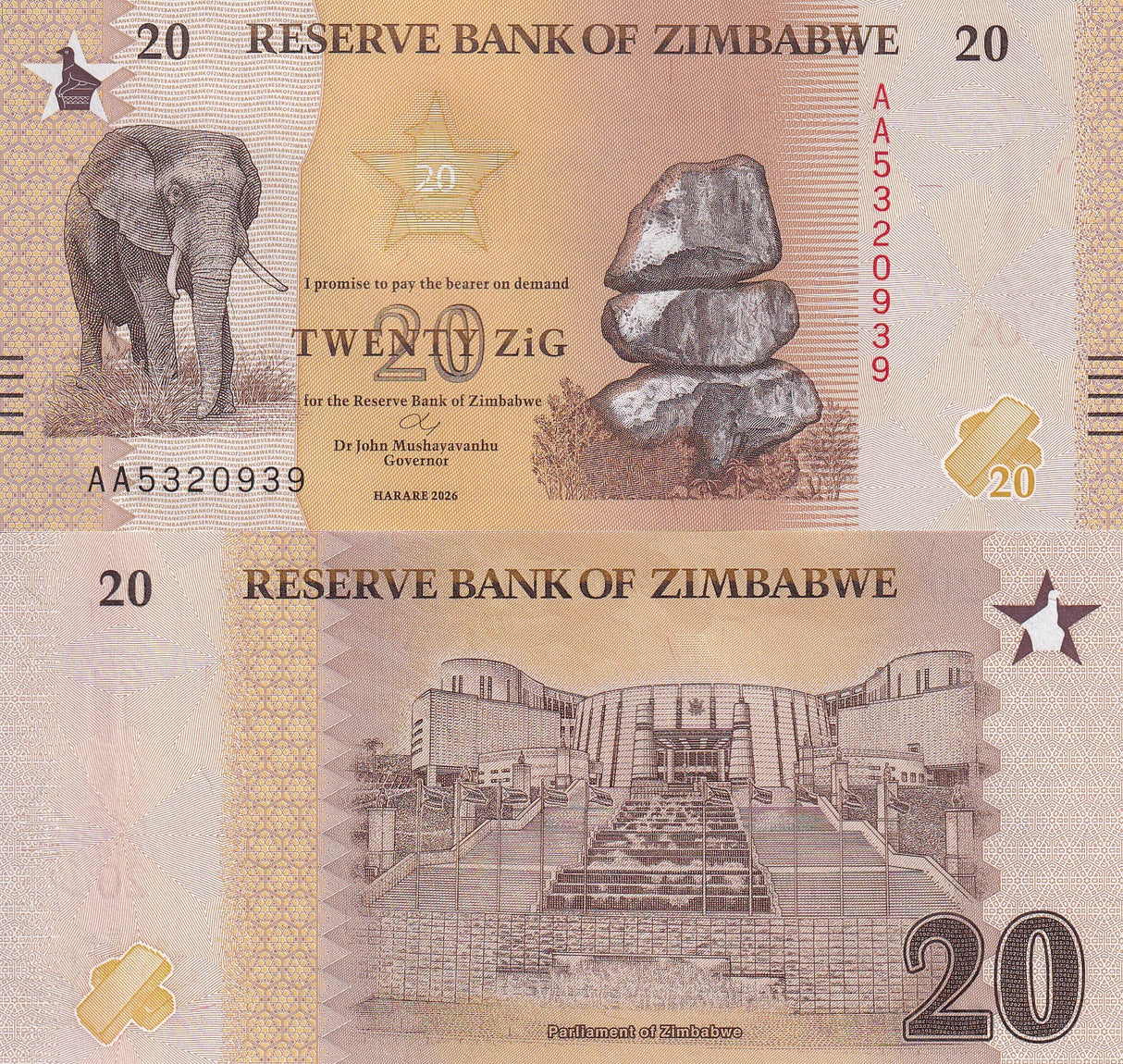 Zimbabwe 20 Zig 2026 P 116 New Design ELEPHANT UNC