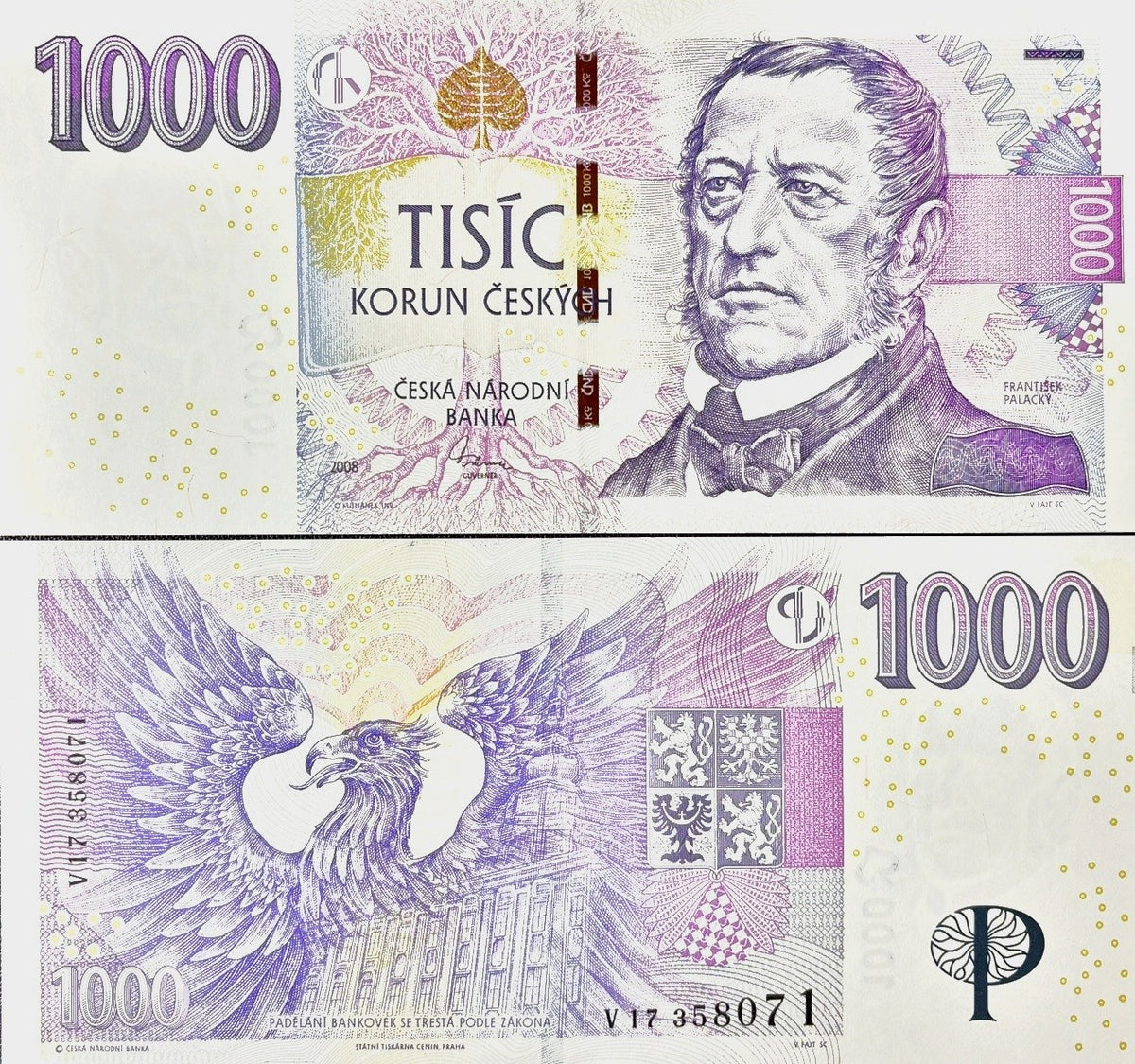 Czech Republic 1000 Korun 2008 P 25 c Series V UNC ,S. T. Cenin,Eagle