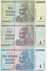 Zimbabwe SET 3 AUnc 10 50 100 Trillion Dollars 2008 P 88 90 P 91