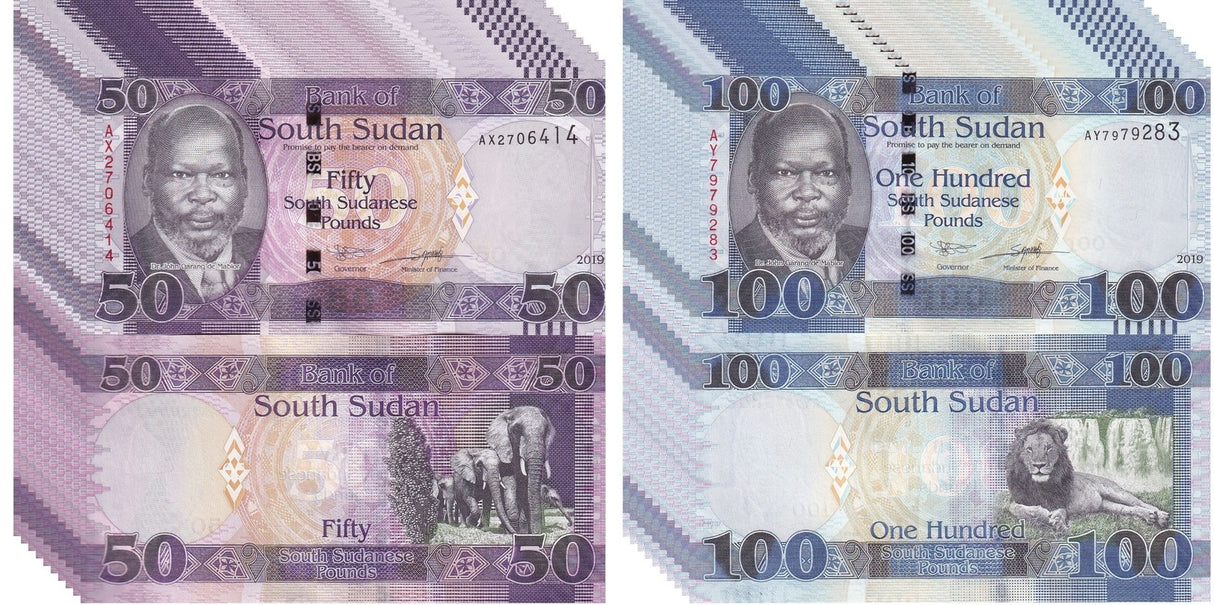 South Sudan Set 2 X LOT 10= 20 UNC 50 100 Pounds 2019 P 14 15