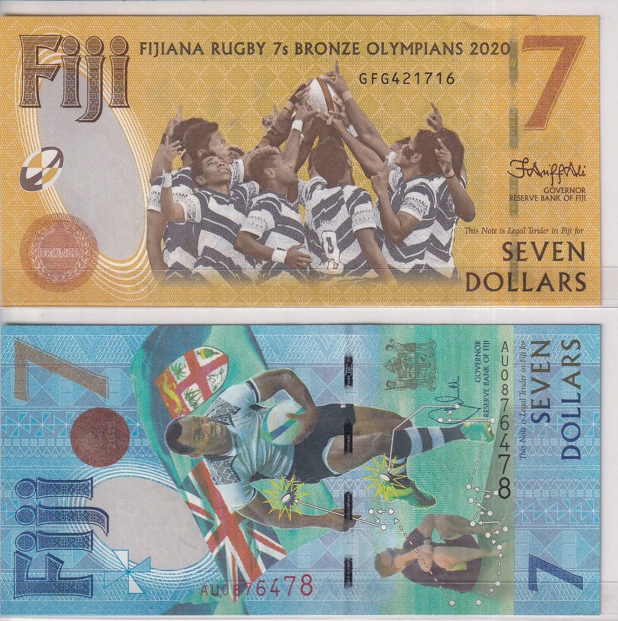 Fiji Set 2 UNC 7 Dollars 2017 AND 2020 Rugby in Commemorative Folder