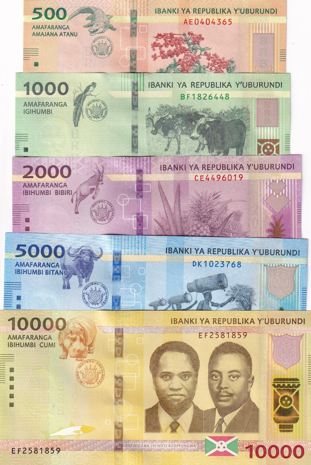 Burundi Set 5 UNC 500 1000 2000 5000 10000 Francs 2018-2021 P 50 51 52 53 54