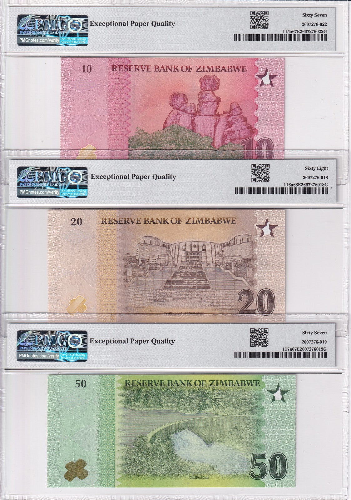 Zimbabwe Set 3, 10 20 50 Zig 2026 P 115 116 P 117 Superb Gem UNC PMG 67 68 EPQ