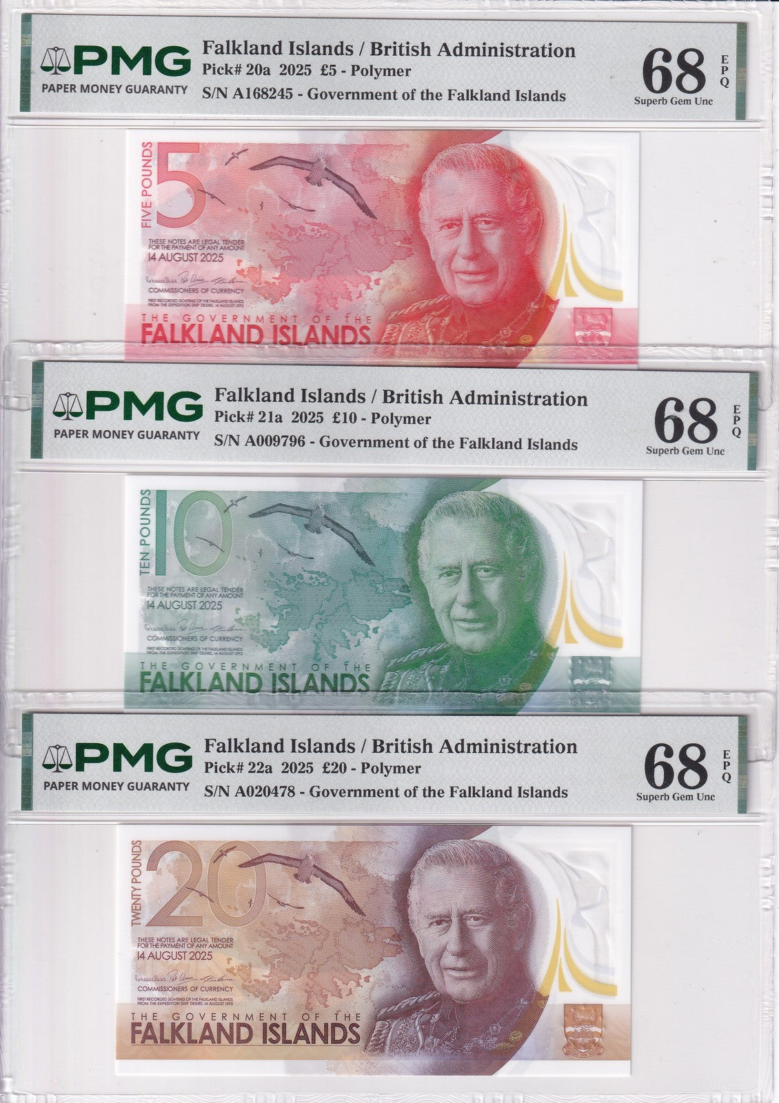 Falkland Islands Set 3; 5 10 20 Pounds 2025 P 20 21 22 Superb Gem UNC PMG 68 EPQ