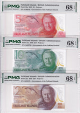 Falkland Islands Set 3; 5 10 20 Pounds 2025 P 20 21 22 Superb Gem UNC PMG 68 EPQ