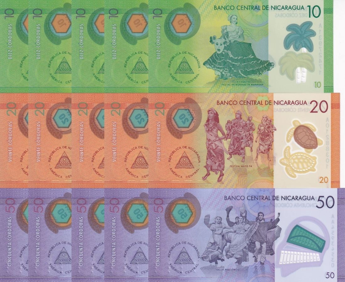 Nicaragua Set 3 X LOT 5=15 UNC 10 20 50 Random Date P 209 210 211 Polymer